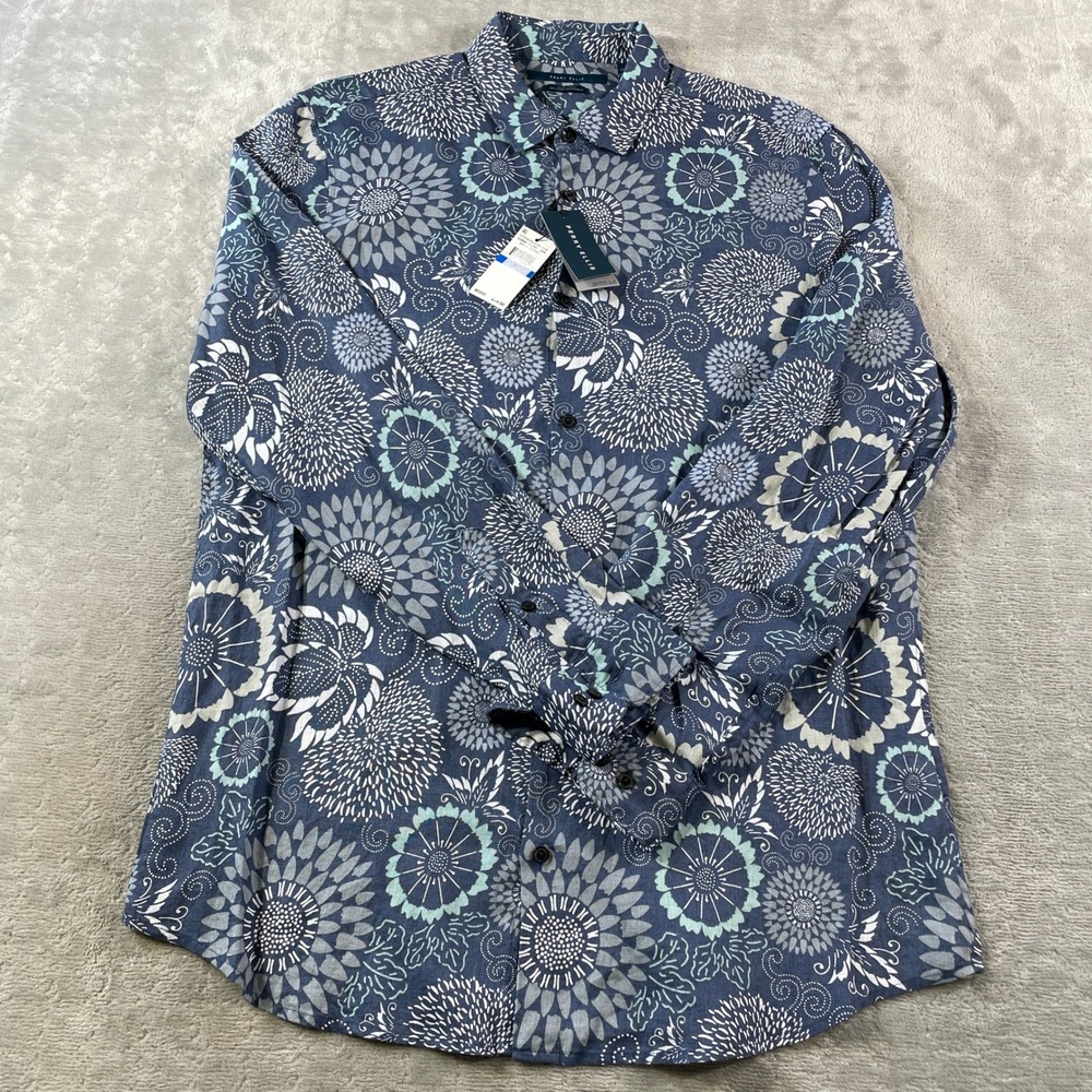 Perry Ellis Untucked Shirt Mens XLT‎ Blue Linen Floral Roll Tab Beach Vacation